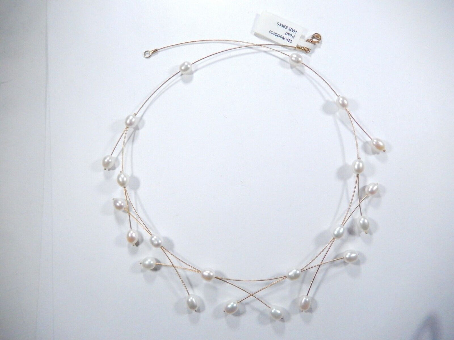 Solid 14k Yellow Gold Wire 7.5mm x 5.5mm 22 White Pearls  17" Necklace 9.8 gms