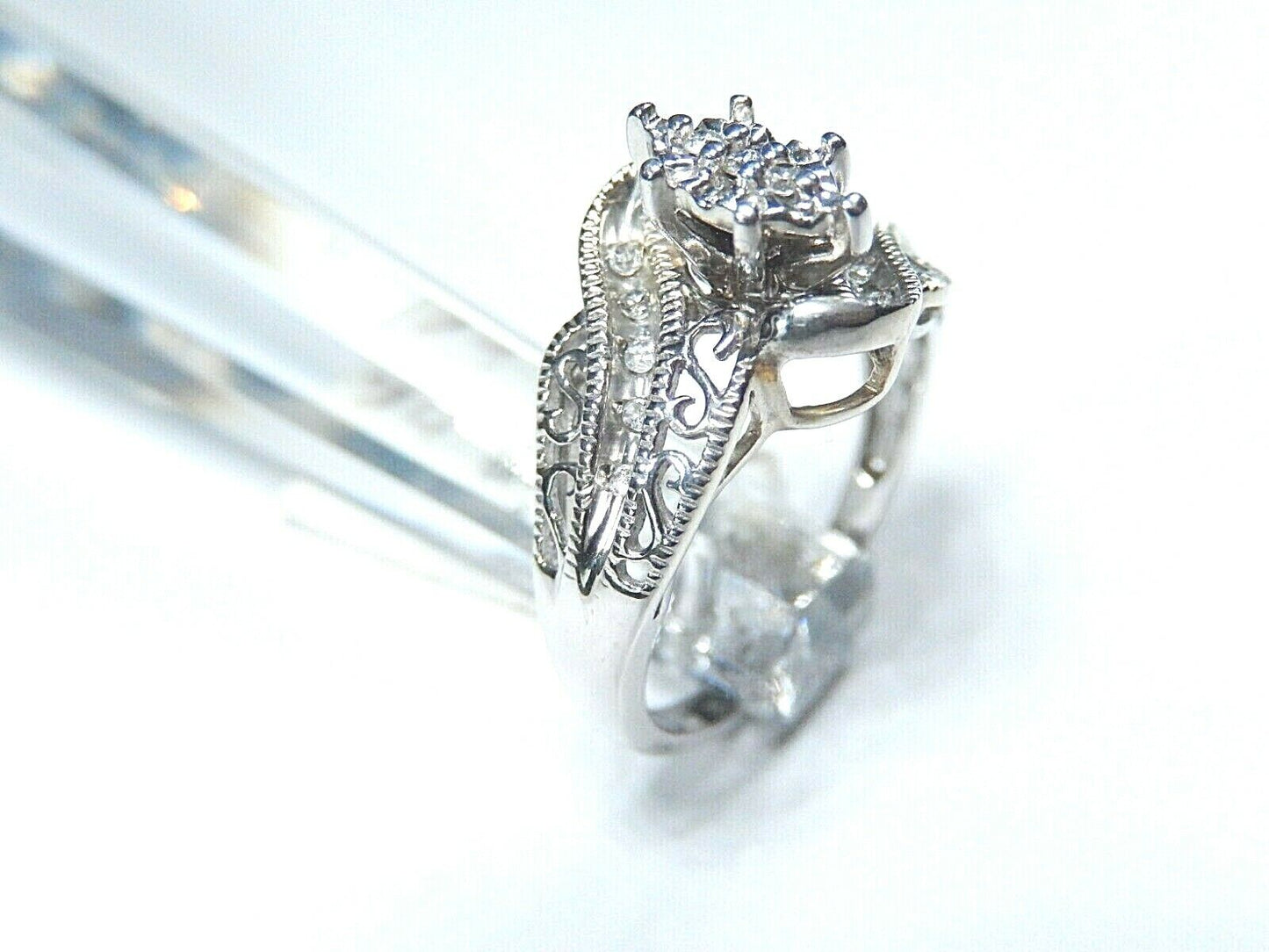 *VINTAGE*  Antique  10k Solid White Gold .25ct Diamond Filigree Ring Size 7