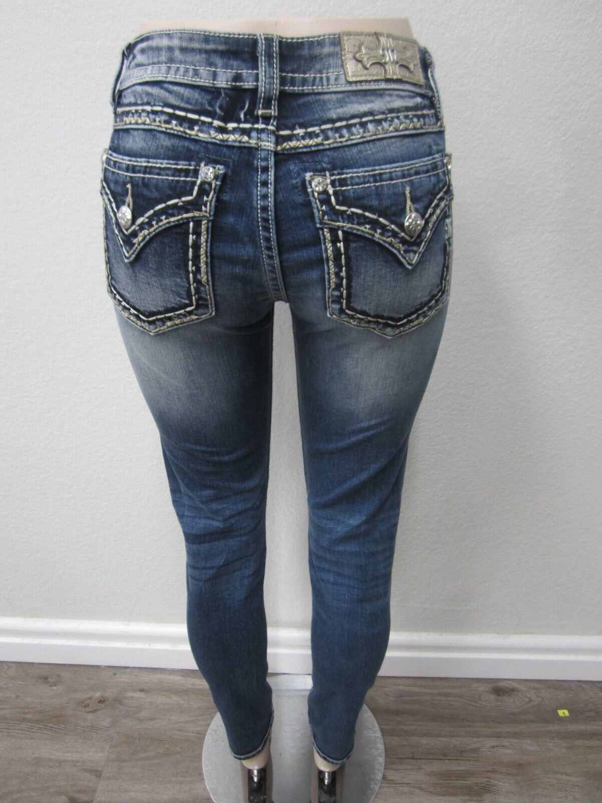 NWT MISS ME M5014S270 CuteSkinny Jeans Med Blue Gold Stitching CUTE Size 24 x 30