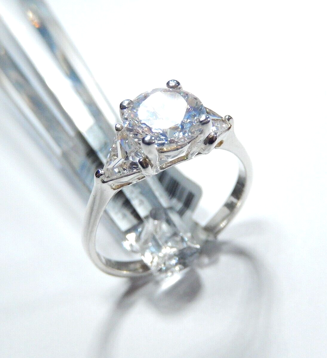 Sterling Silver Three Stone 3.00 CT CZ Trillion/Round Cut Engagement Ring Sz 9.5