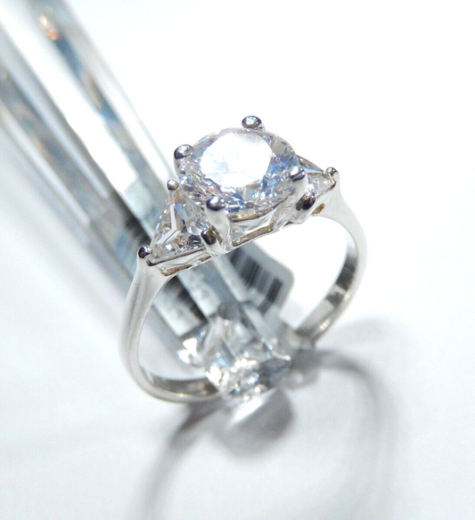 Sterling Silver Three Stone 3.00 CT CZ Trillion/Round Cut Engagement Ring Sz 9.5