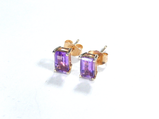 *VINTAGE* 10K Yellow Gold Emerald Cut Royal Purple 1.50CT Amethyst Stud Earrings