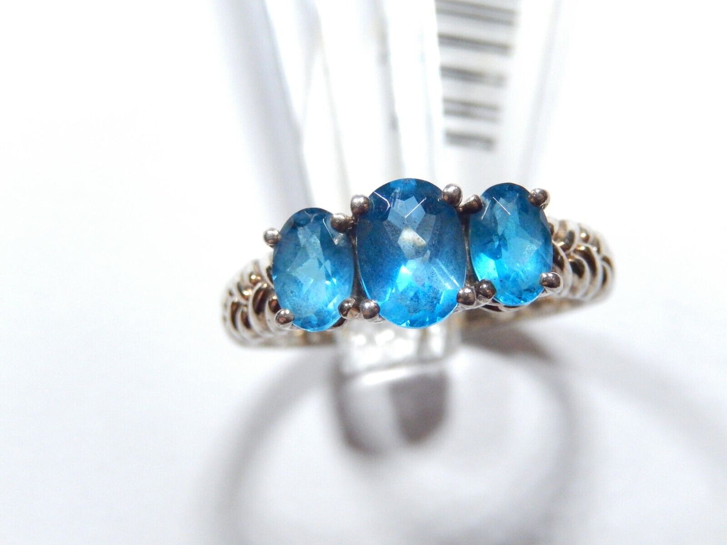 *VINTAGE* Sterling Silver 3 Stone Oval 1.75CT London Blue Topaz Ornate Ring Sz 7