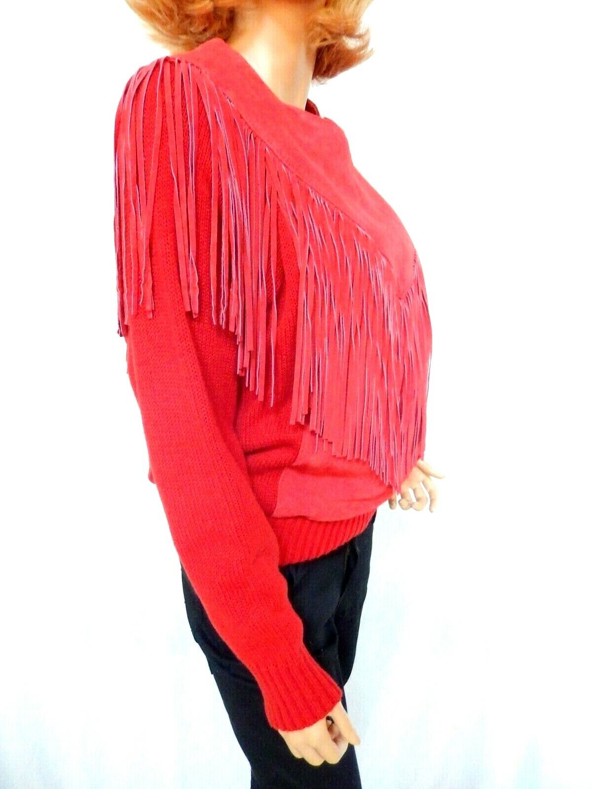 *RARE*VINTAGE PIONEER WEAR Cowgirl Red Leather Suede Fringe Sweater Womens Sz L