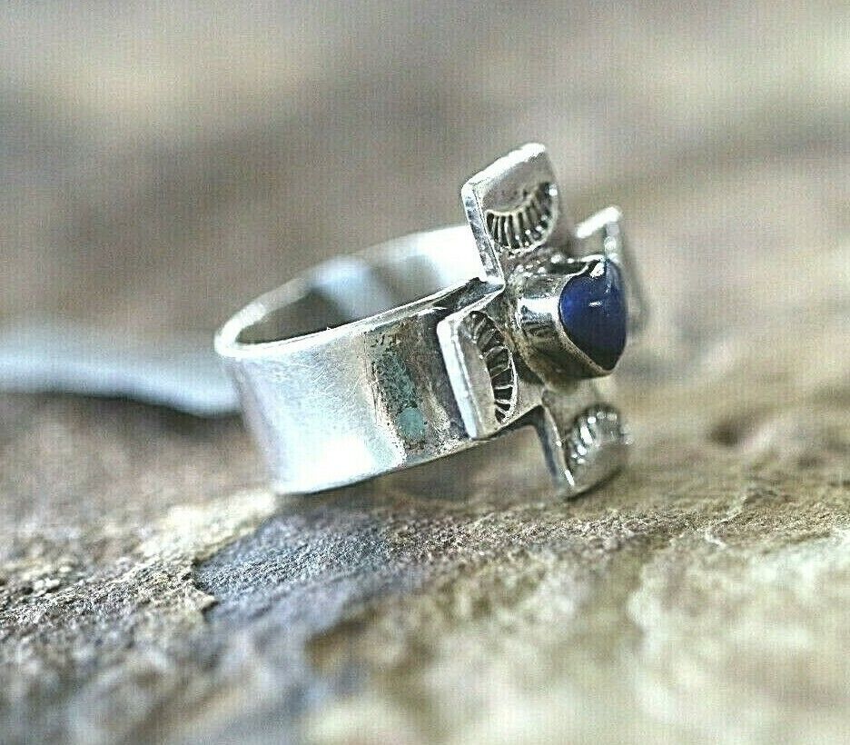 *VINTAGE* SIGNED STERLING SILVER MEXICO LAPIS LAZULI CROSS RING SIZE 6.5