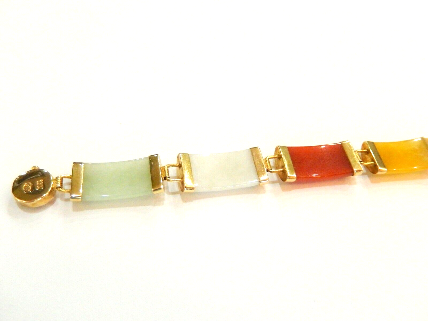 10K Yellow Gold Multi-Color Jade 8.5 MM Wide Capped Bar Link Bracelet 7.5 Inch