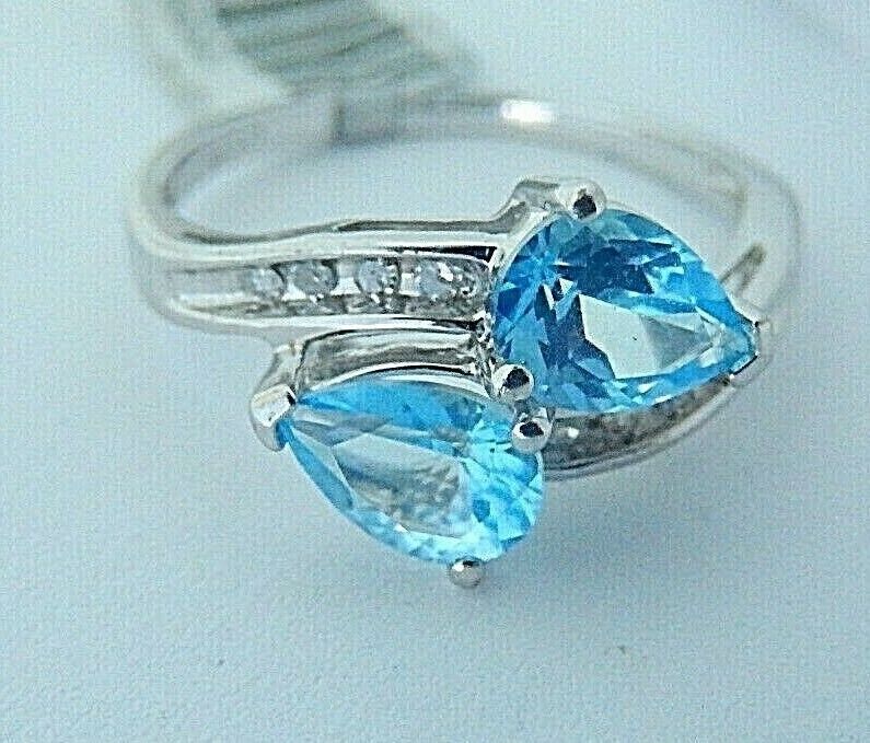 10K White Gold "FOREVER US" Two Stone Blue Topaz and  Diamond Ring Size 8.5