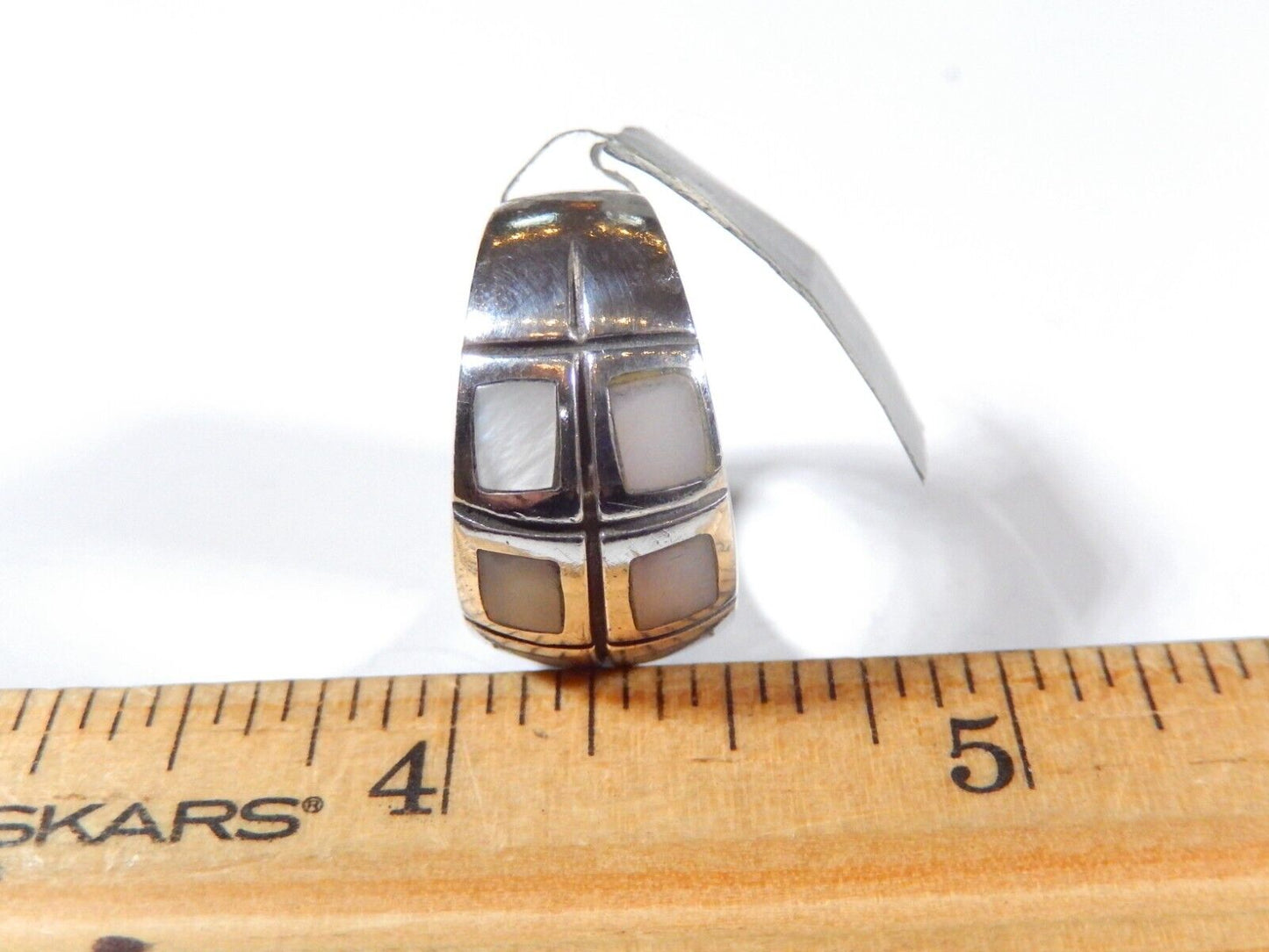 *VINTAGE*  Sterling Silver 12.5mm Wide Band Inlay Mother of Pearl Ring Sz 7