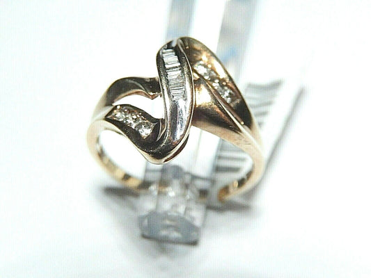 VINTAGE* 10K Yellow Gold Round & Baguette Diamond Bypass Cocktail Ring Size 7.25