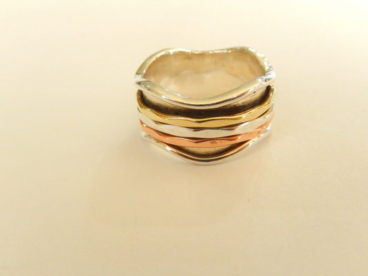 *VINTAGE*  Tricolor  - Sterling Silver - Copper - Brass 3 Band Spin Ring Size 8