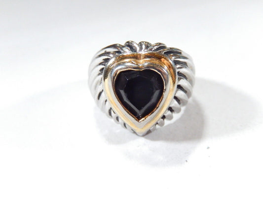 *VINTAGE*  Designer Style  Heart Shape Silver & Gold Tone Black Stone Ring Sz 8