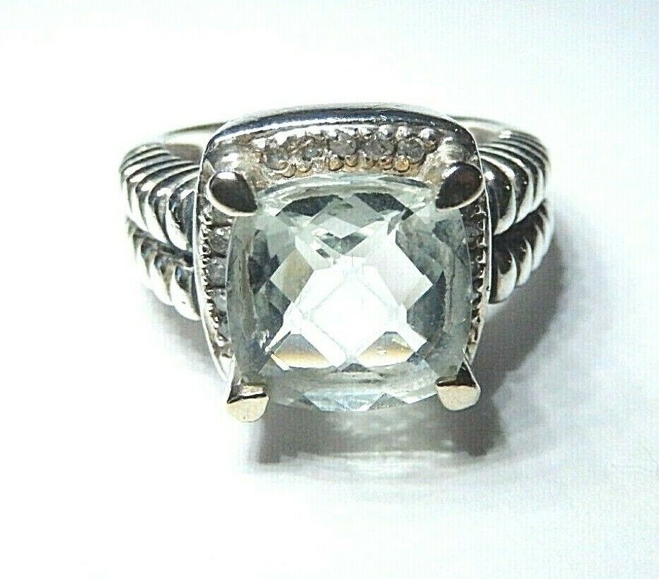 *VINTAGE*  Sterling Silver Checker Board Cut Green Quartz Ring Size 6.75