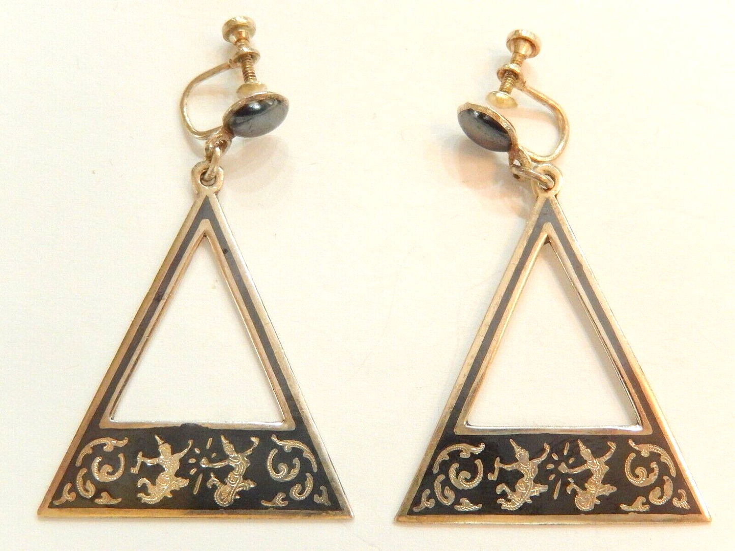 *VINTAGE*  Large SIAM Sterling Silver Earrings 925 Screw Back Black Enamel