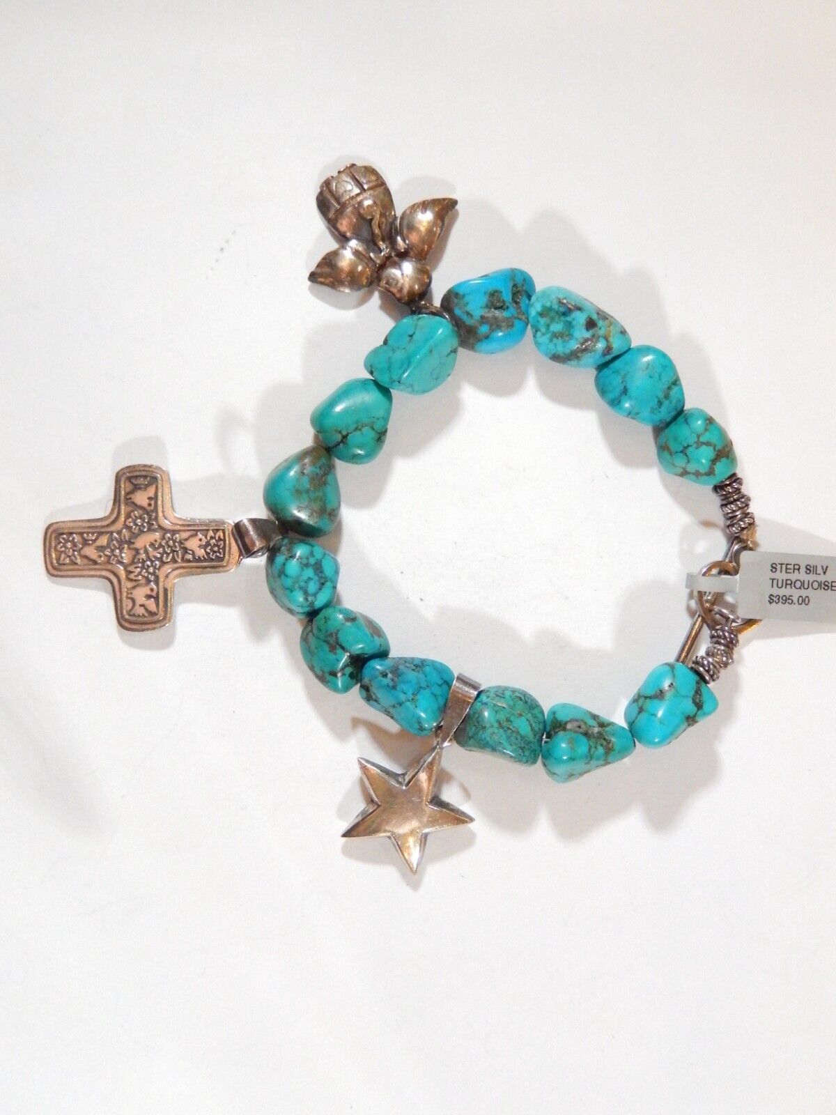 *VINTAGE* Sterling Silver Charms And Turquoise Chunky Beaded Bracelet 9"