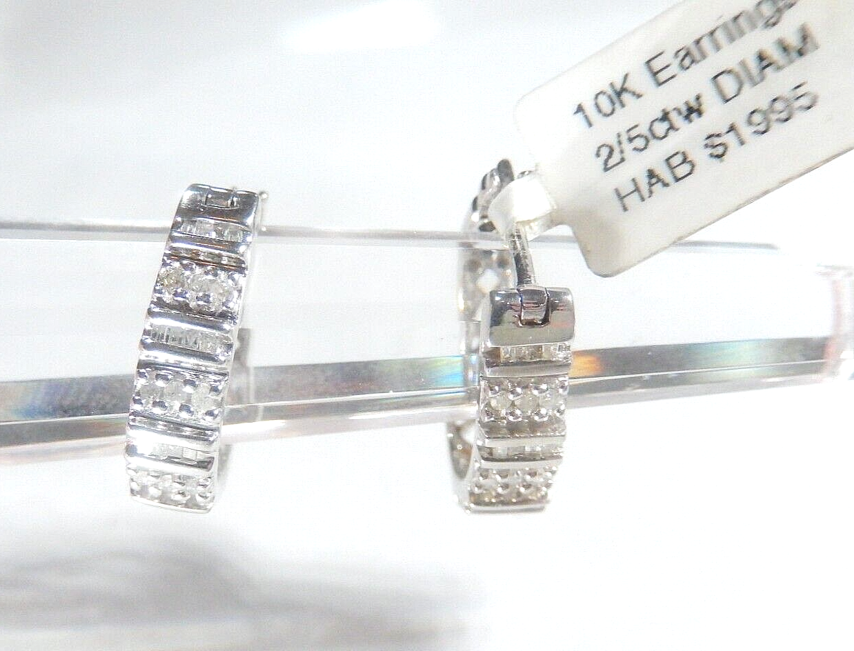 10k White Gold 2/5 CT Natural Diamond 18mm Hoop Earrings Hinged