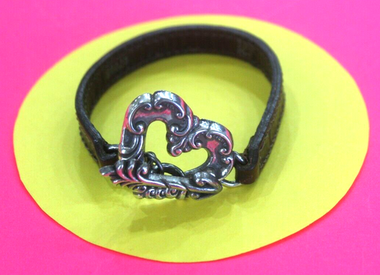 RETIRED Brighton silver tone Brown Leather w/ Heart Scroll Ornate bracelet