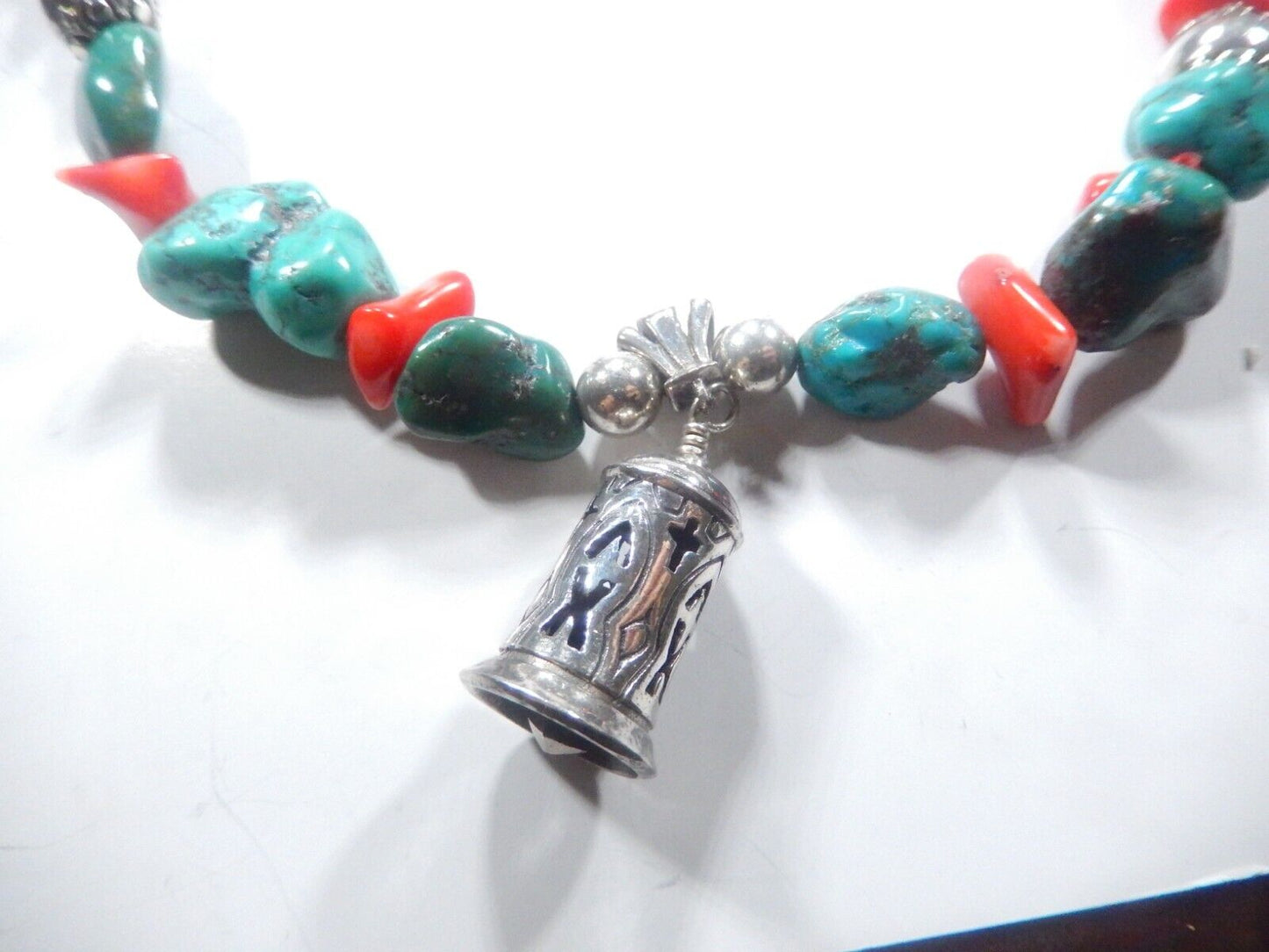 *VINTAGE* 27" Chunky Southwest Sterling Turquoise & Coral Beaded Necklace