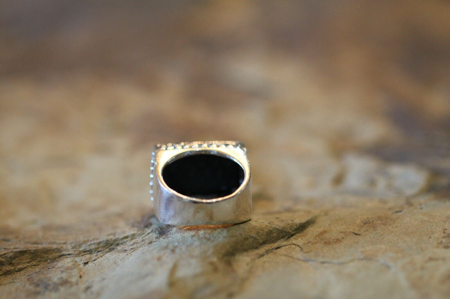 *VINTAGE* Large 925 Sterling Silver  Black Onyx Square Filigree Trim Ring Size 6