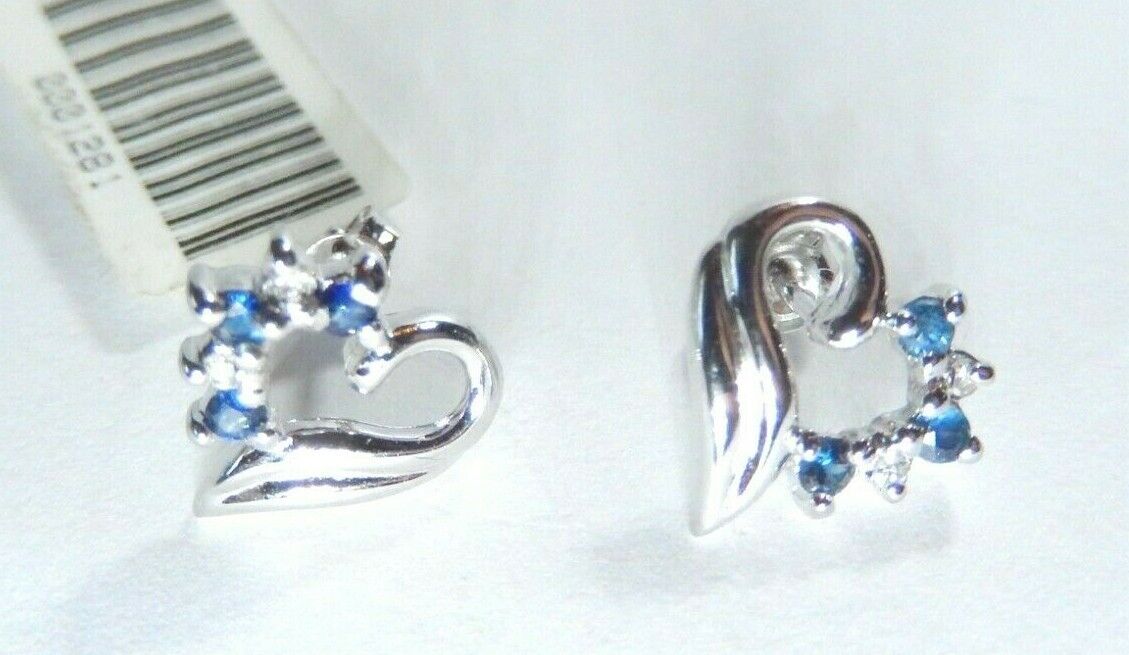 *NWT*  14K White Gold Blue Sapphire & Natural Diamond Heart Earrings