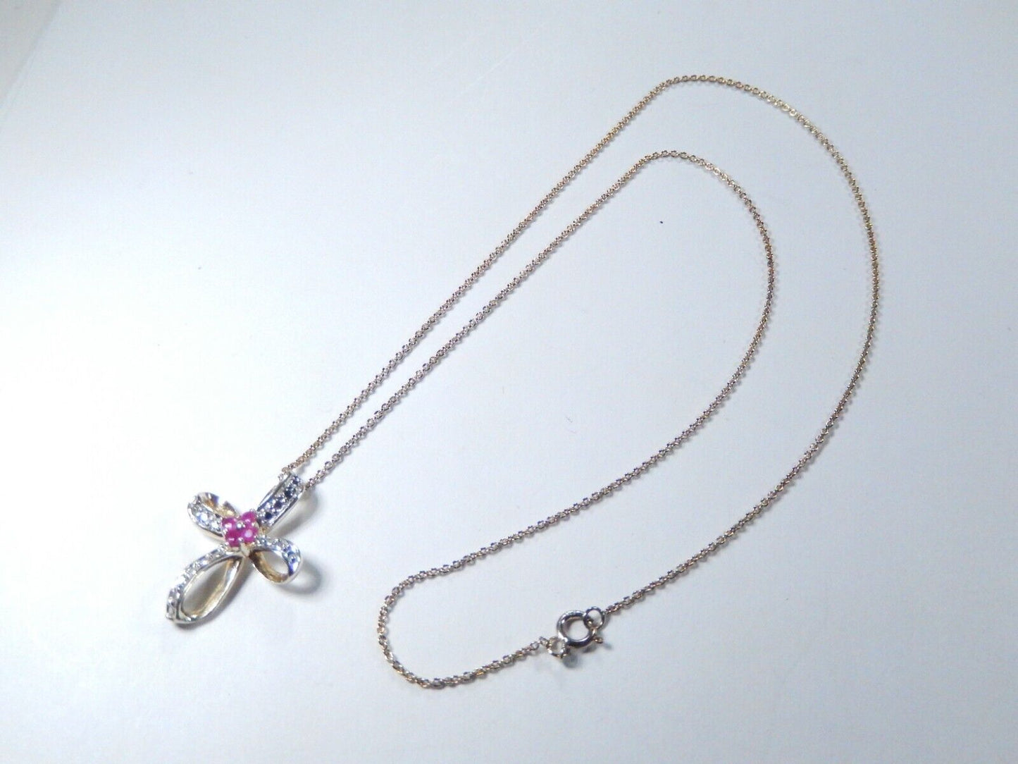 *VINTAGE* Gold Vermeil Sterling Ribbon Cross Natural Ruby Pendant w/16"chain