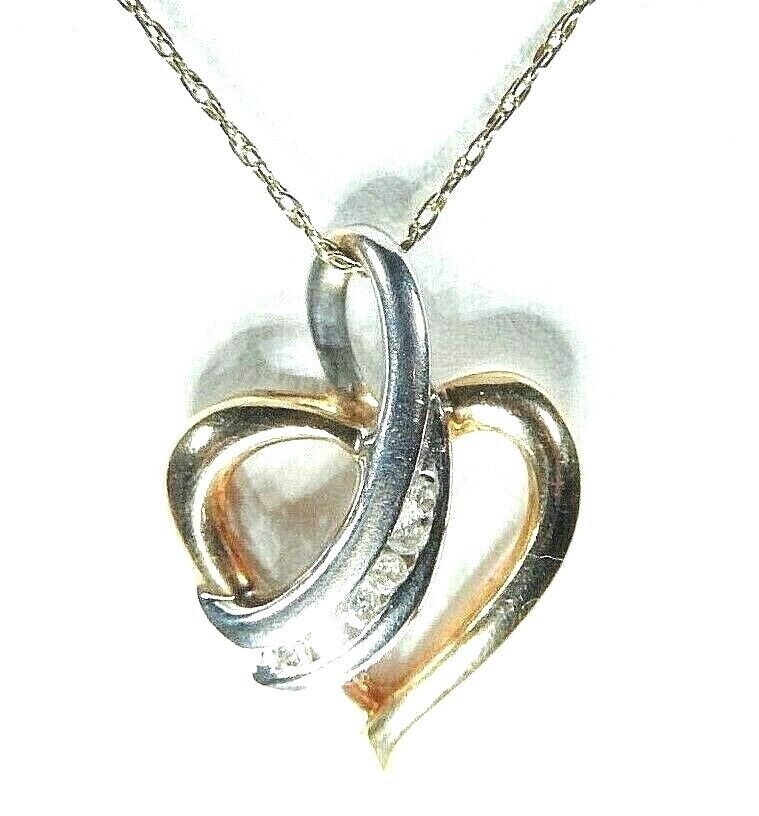 *VINTAGE* 10K Two Tone Gold Round Natural Diamond Heart Pendants w/ 20" 14K Chn