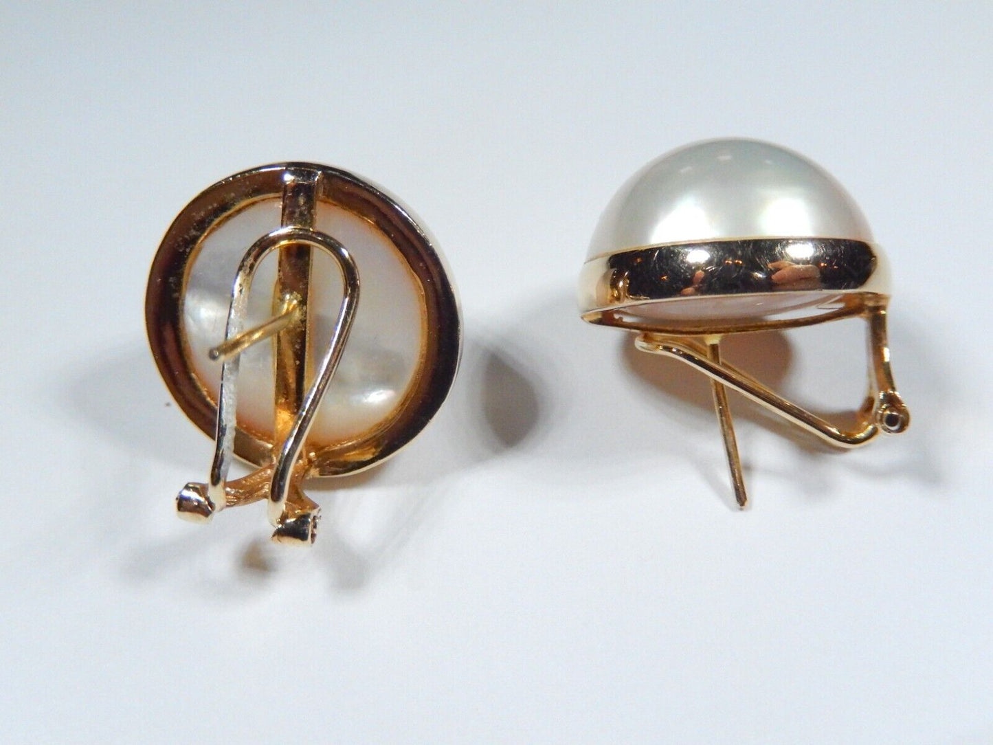 14k Yellow gold 17.5 mm Mabe Pearl Earrings with French clip backs 9.7g