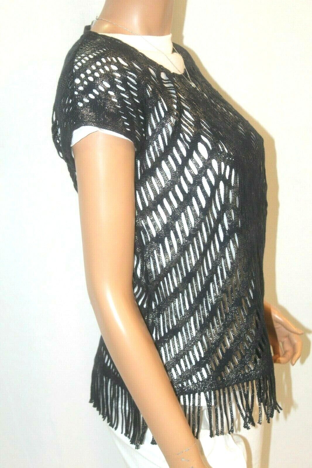 Chicos  "CUTE" Black with Gold Metalic Fringe Open Lace Sleeveless Vest Sz 0