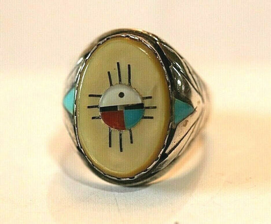 LG MEN'S ZUNI MOTHER OF PEARL INLAY STERLING SILVER MULTI STONE RING SZ 12.75