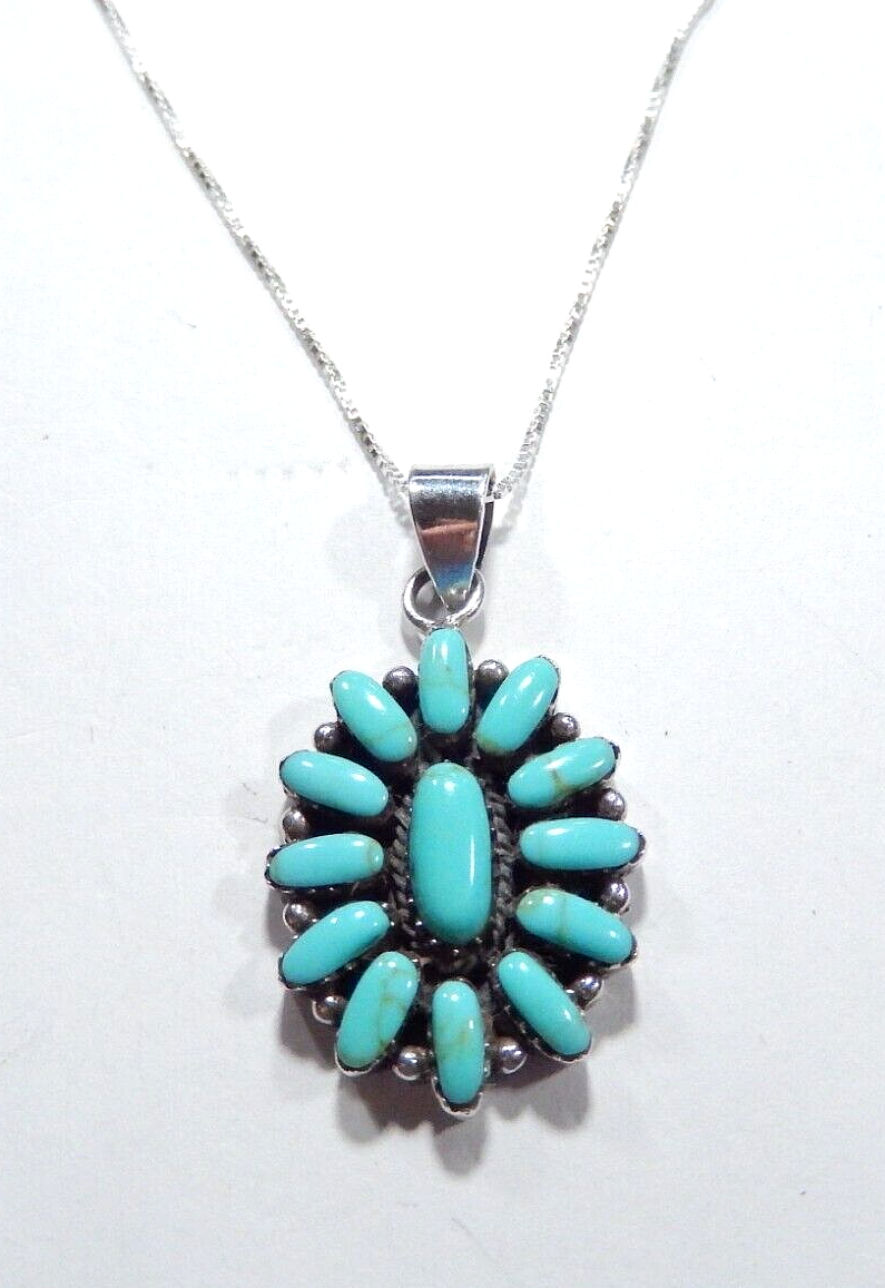 *VINTAGE*  South West Sterling Silver Needle Point Turquoise Pendant w/18"chain