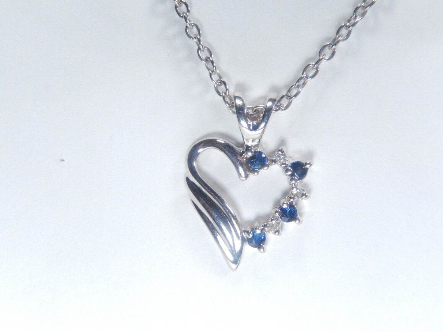 14k White Gold Sapphire and Diamond Heart Shaped Pendant with 18" Chain