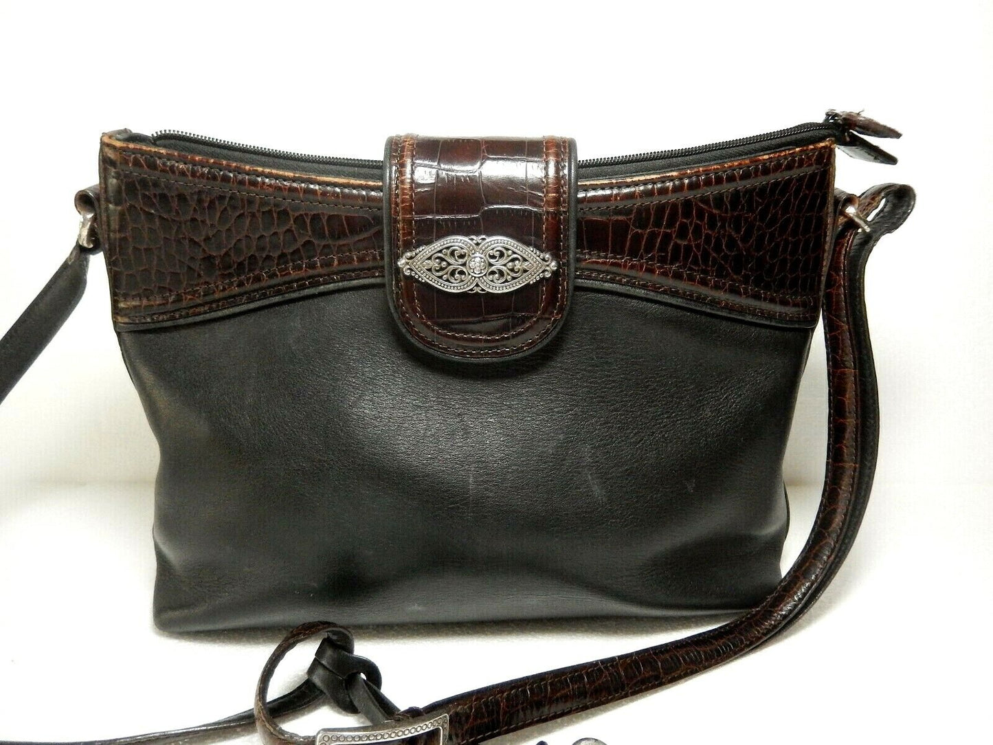 Vintage Brighton Purse HandBag Silver Hardware, Leather Croc, Long Strap