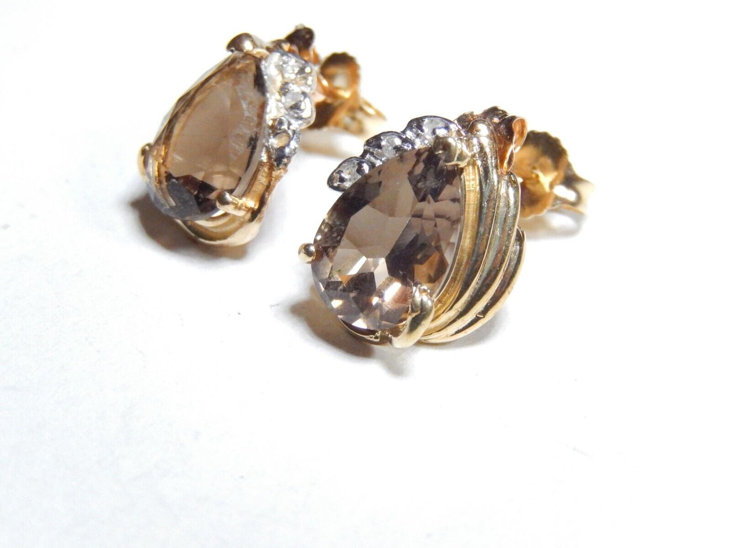 *VINTAGE*  10K Yellow Gold 3.00 CT TW Smoky Quartz and Diamond Stud Earrings