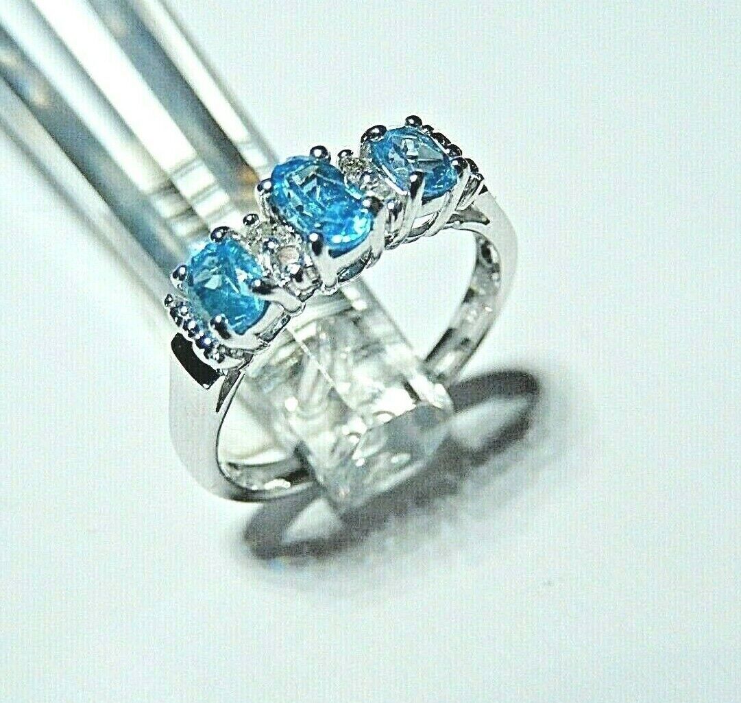 *NWT* Solid 10k White Gold 3 Stone Blue Topaz & Diamond Ring Size 5.5