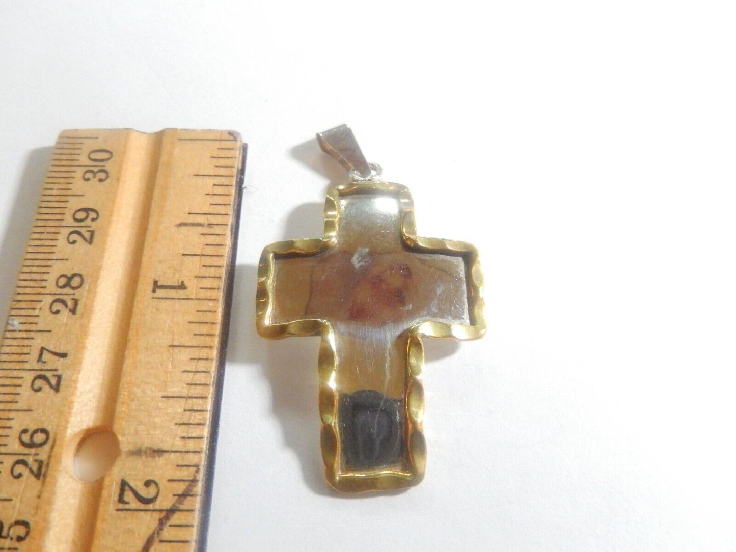 *VINTAGE*  Sterling Silver & Brass Trim Mixed Metals Cross Pendant 2" x 1 1/8"