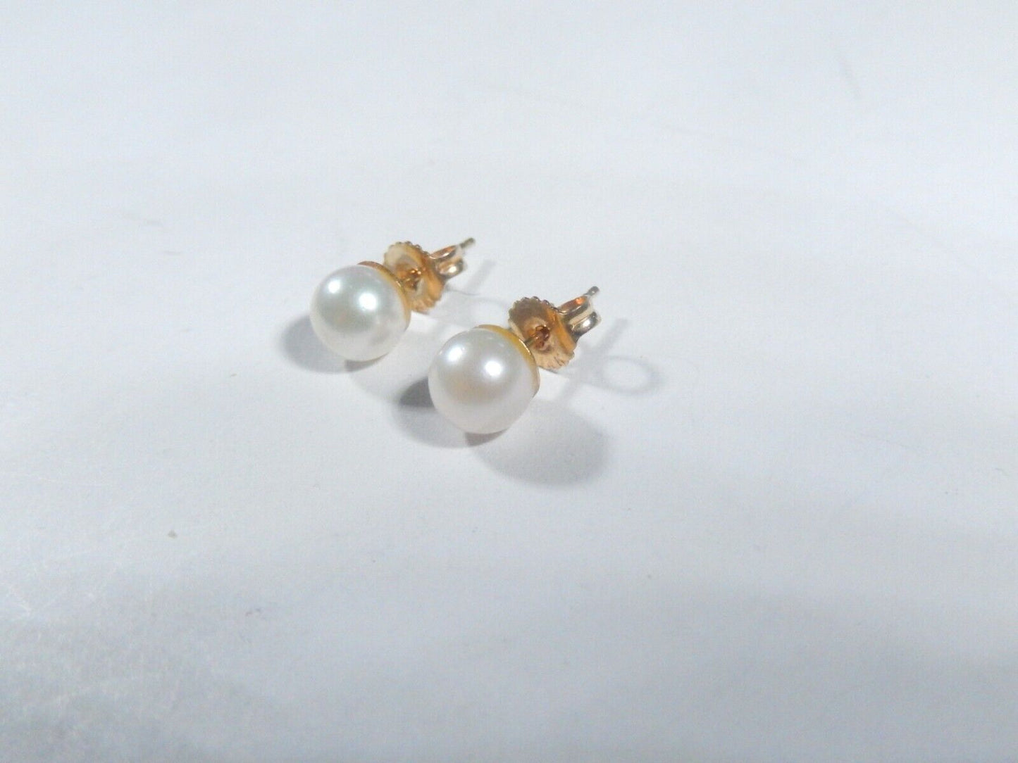 6mm White Round Cultured Pearl Push Back Stud Earrings 14K Yellow Gold
