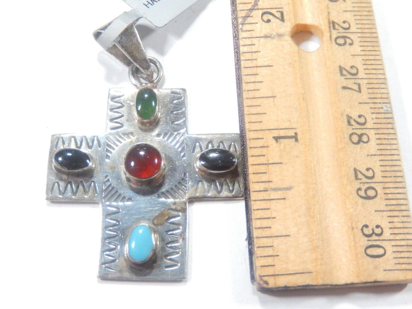 *VINTAGE*  LARGE Taxco Mexico Sterling Silver Multi Gem Cross Pendant Signed