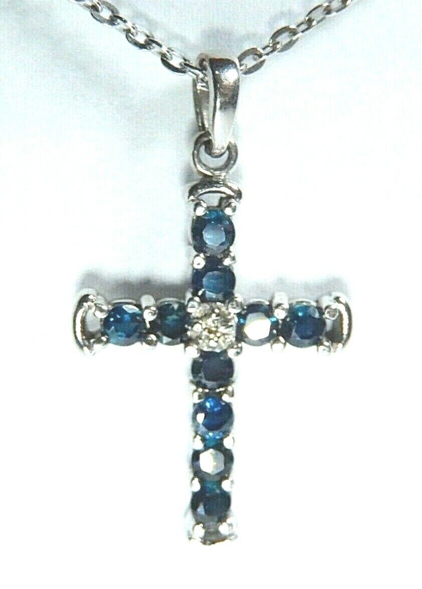 *NWT* 10K White Gold September Birthstone Sapphire & Diamond Cross 18" Necklace