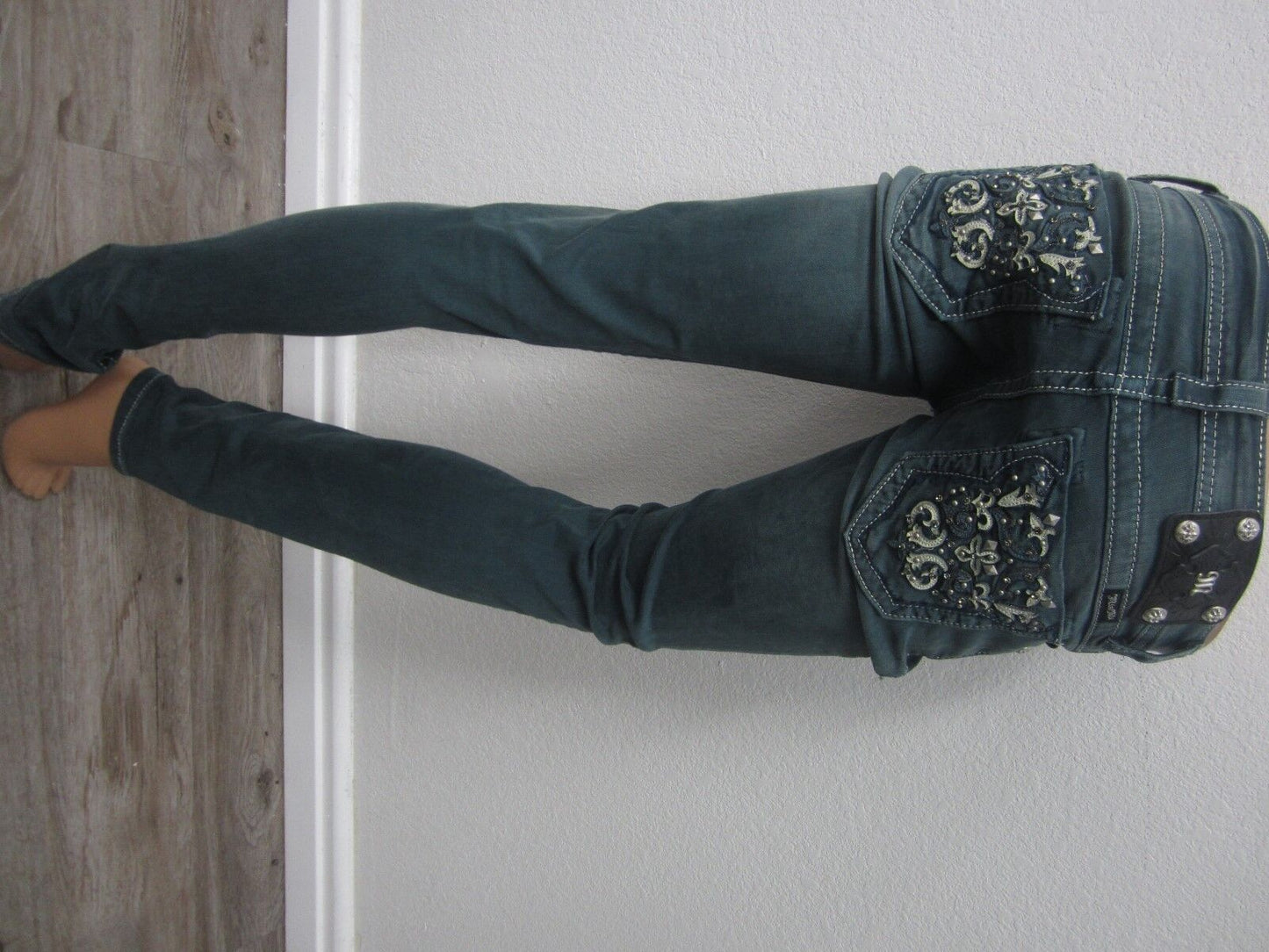 NWOT MISS ME WOMEN'S TP5395S1 CRYSTAL POCKETS TEAL SLIM SKINNY JEANS SIZE 26x30