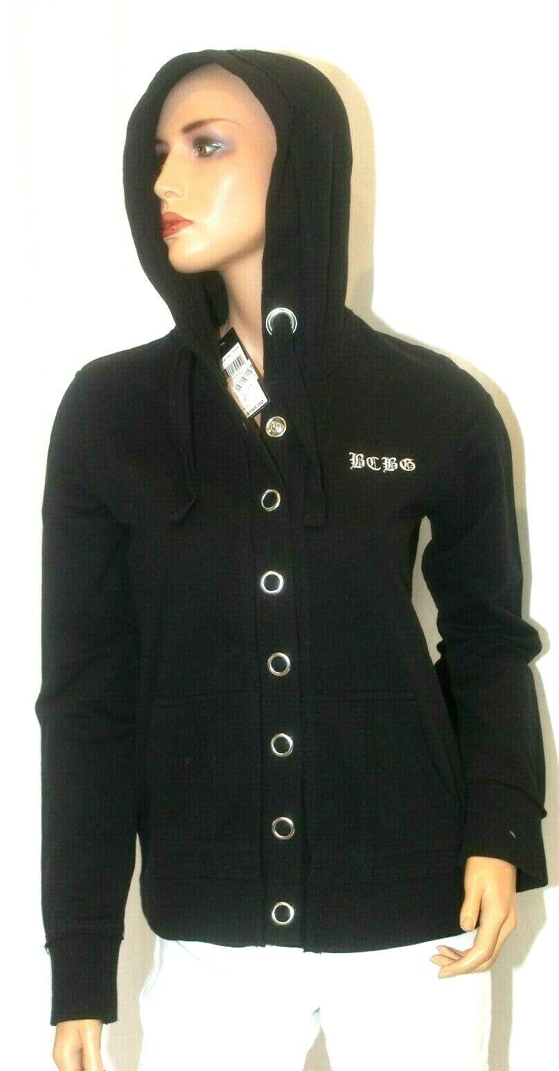 *NWT* $188. BCBG MAXAZRIA  Black Hoodie Womens  Large Snap Jacket Logo Hood Sz L