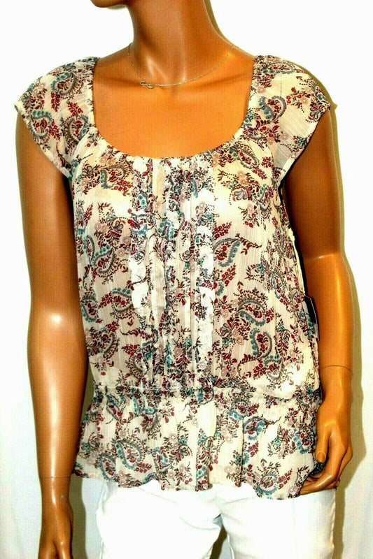 *NWT* Mossimo  Ruffle Peasant Chiffon  Multicolored Cap Sleeve Scoop Neck Top LG