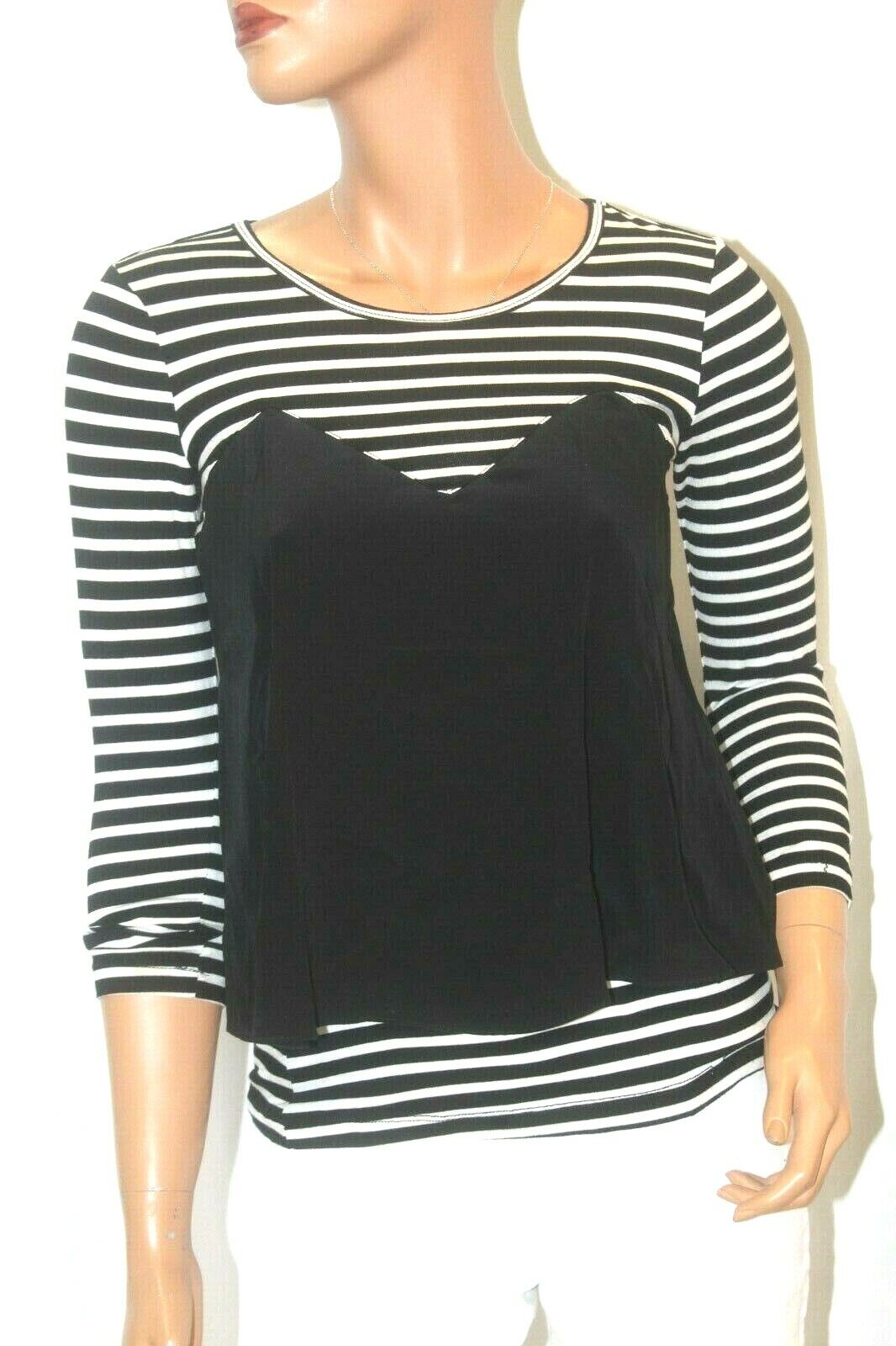 *NWT* $158. BCBG MAXAZRIA Women 3/4 Sleeve Stretch Top Blouse Black/White Sz XS