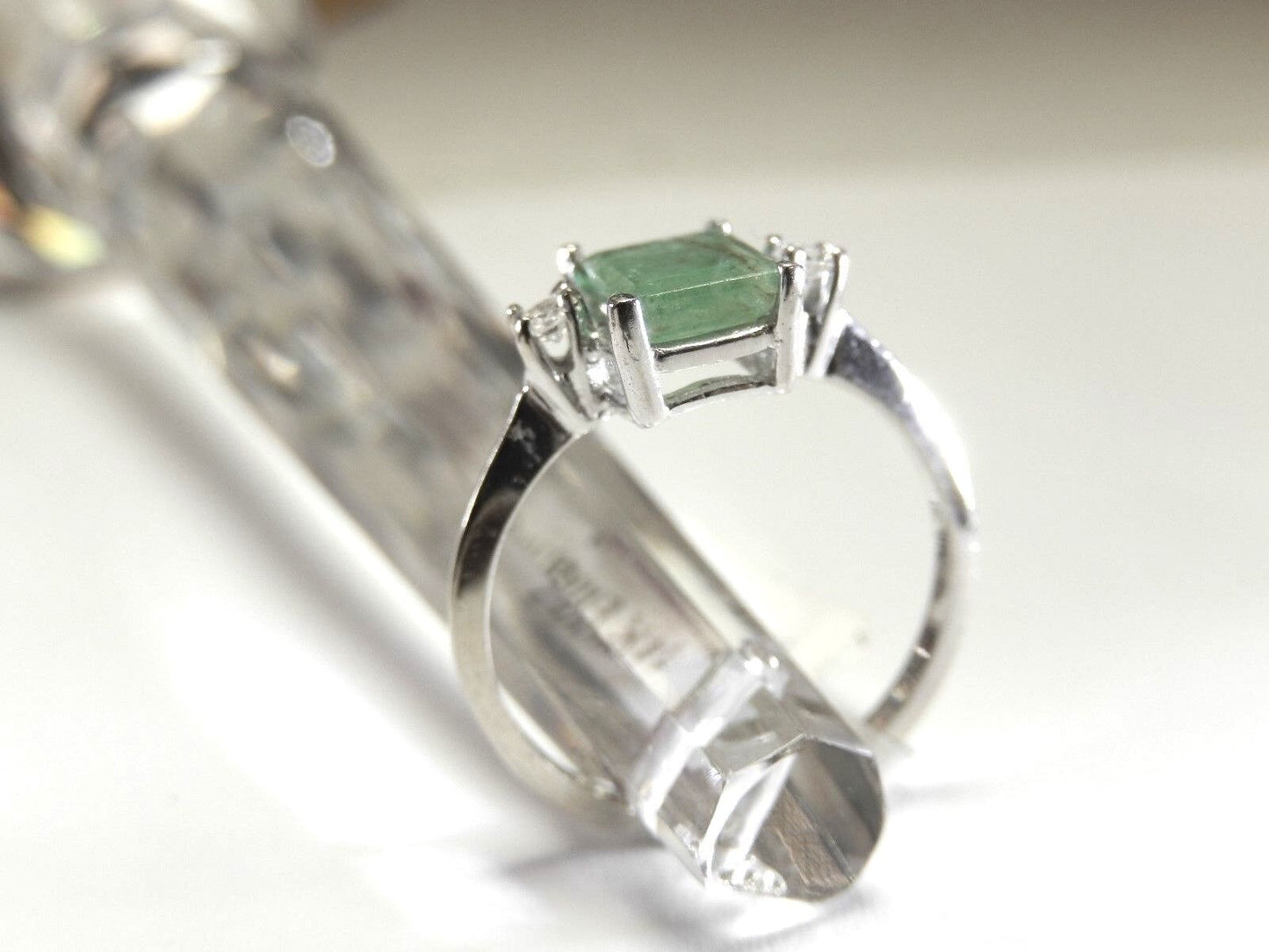 Natural .50ct Emerald Solitaire Ring with Two Diamonds 14K White Gold Size 6.75