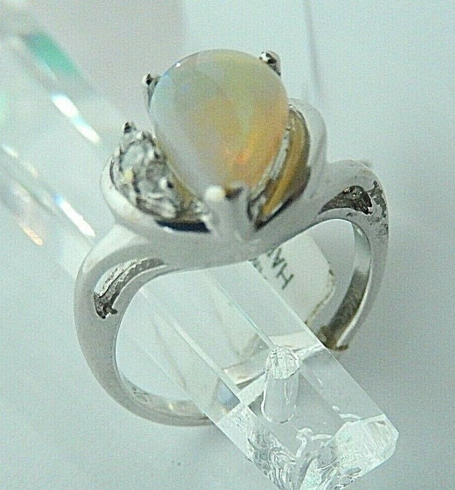 14k White Gold  Colorful Natural .75ct Pear Shape Opal & Diamond Ring Size 6.5
