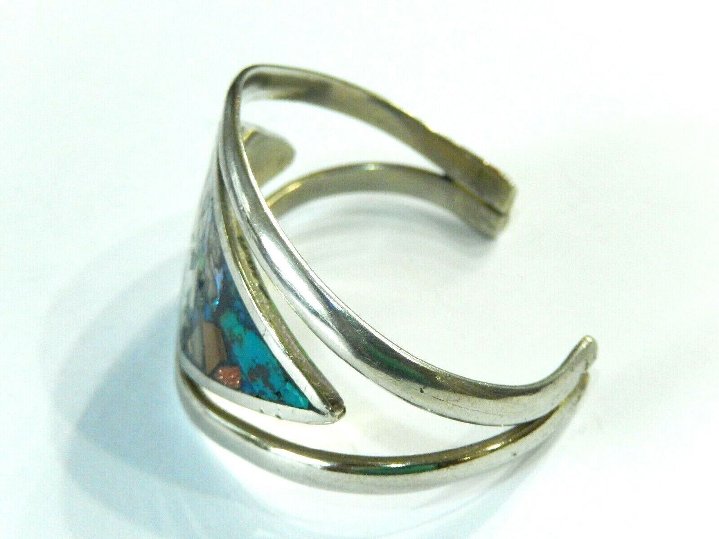 Vintage Mexico 925 Sterling Real Gem Inlay Tribal Dancing Wide Bangle Bracelet