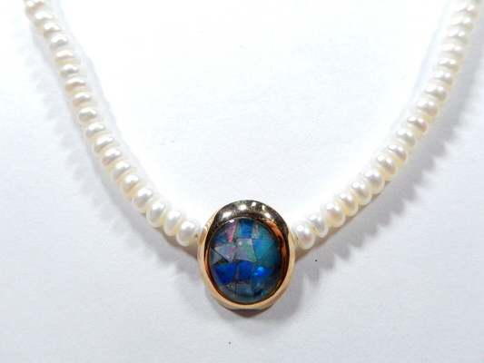 *VINTAGE* 14K Yellow Gold Mosaic Opal Triplet Pendant /18" Button Pearl Necklace
