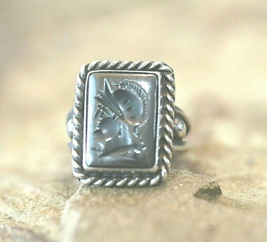 *VINTAGE*  Sterling Silver Roman Cameo Soldier Spartan Gladiator Head Ring Sz 9