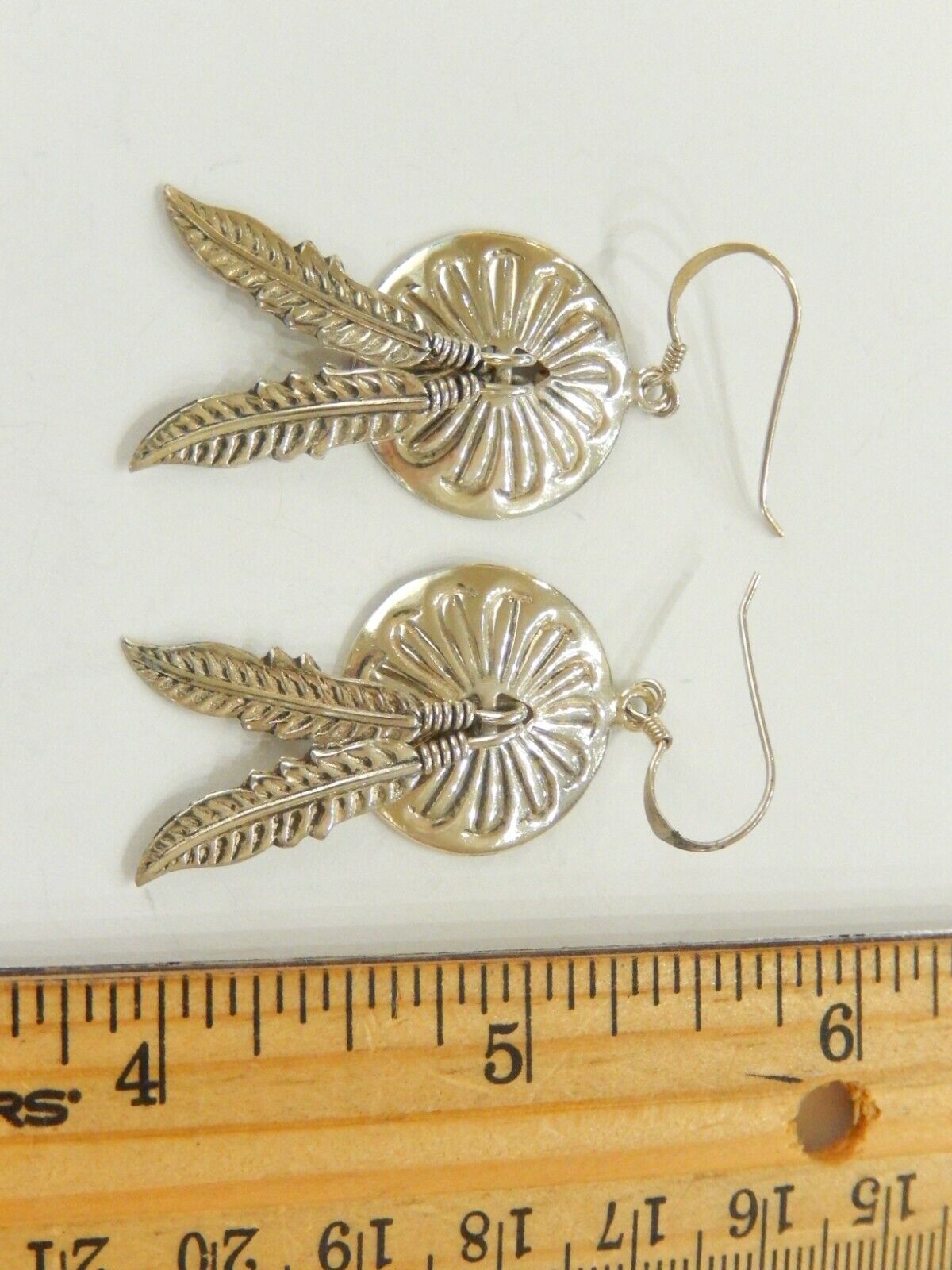 *VINTAGE Native American Sterling Silver Concho Pierced Earrings Feather Dangles