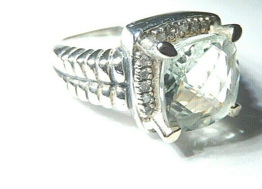 *VINTAGE*  Sterling Silver Checker Board Cut Green Quartz Ring Size 6.75