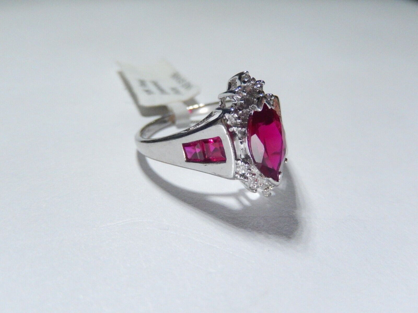 *NWT* 10k White Gold Lab Created Marquise Ruby And Diamond Ring Sz 8