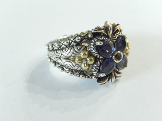 Barbara Bixby Sterling Silver & 18K Gold Fancy Amethyst Flower Ring size 8.25